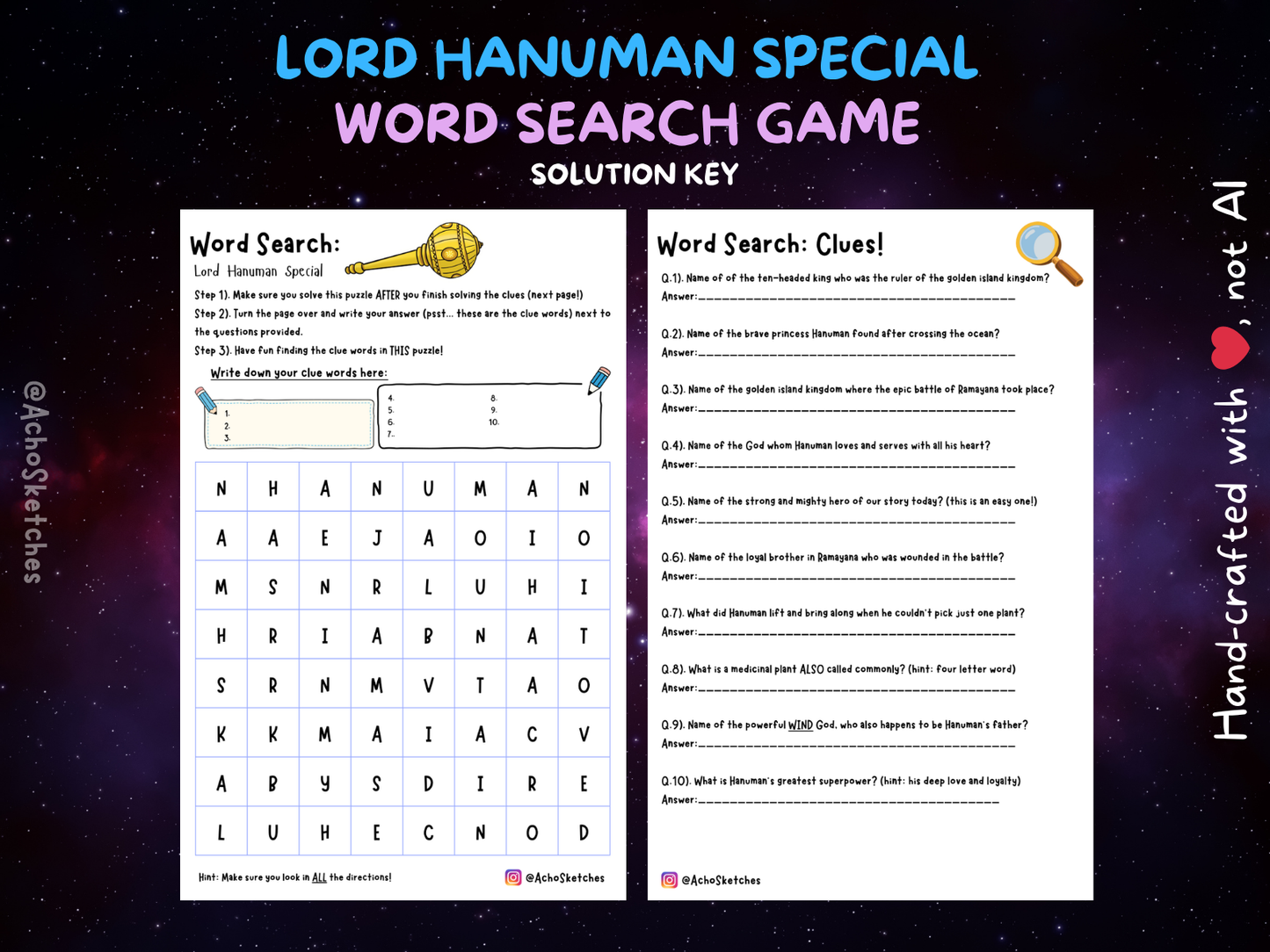 Lord Hanuman Special - Word Search Puzzle - Solution Key